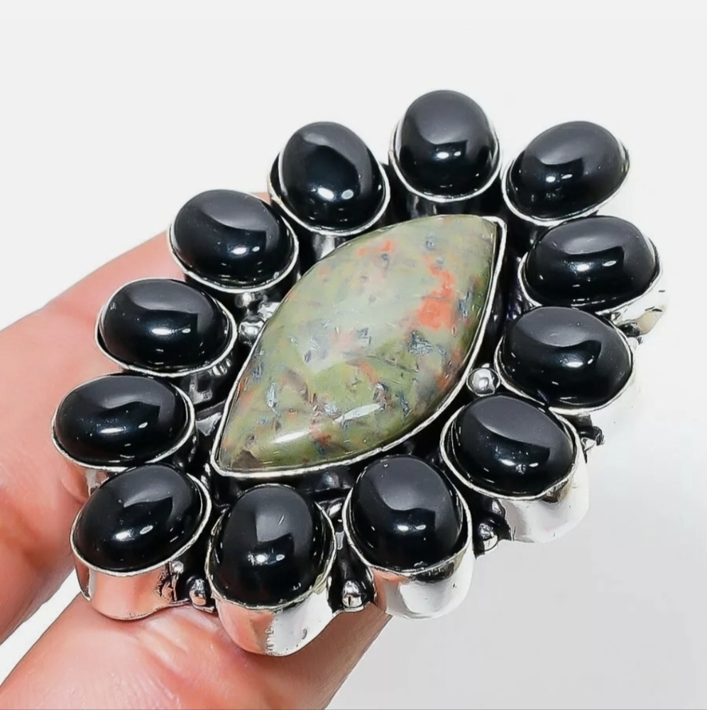 New Oversized Unakite & Black Onyx 925 Silver Statement Ring.